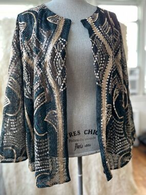 Chico's Sheer Black Overlay with Gold Sequin Accents